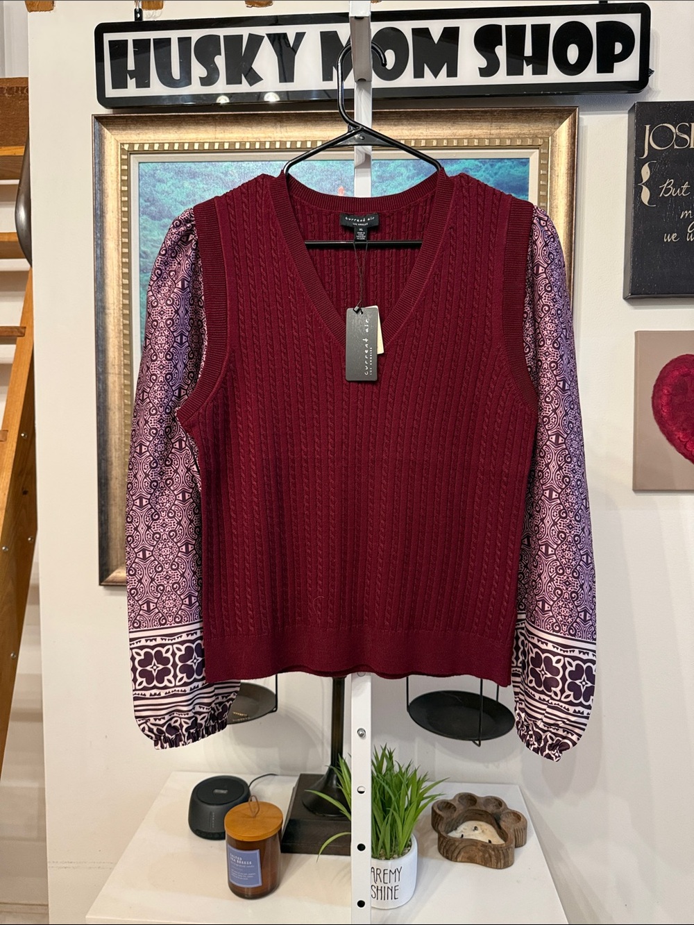 Dana r Burgundy V-Neck Cable Knit Sweater Vest with Printed Pink Sleeves.